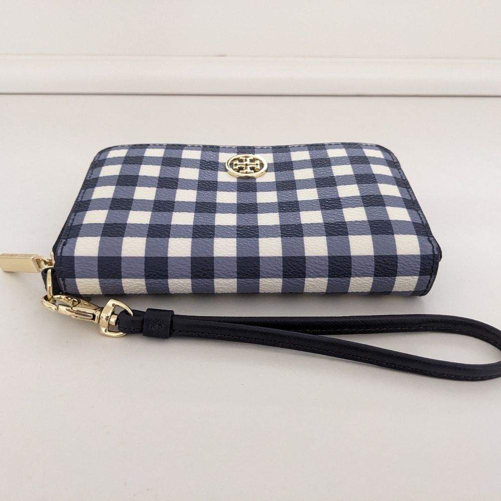 Tory Burch Navy and White Gingham Wristlet Wallet - Picture 2 of 14